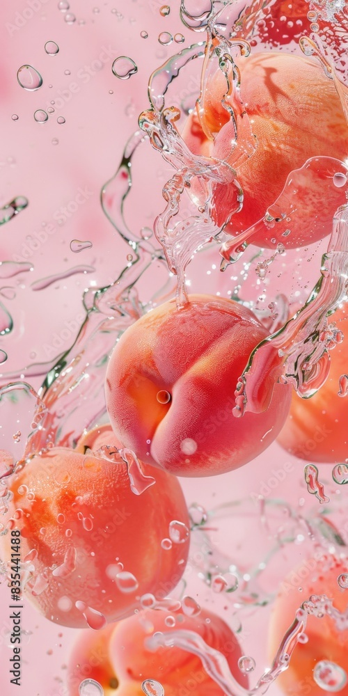 Ripe peaches with water droplets are captured mid-splash against a pink background. The water streams and bubbles enhance the peaches' vibrant colors, creating an energetic and refreshing scene. Ripe peaches with water droplets are captured mid-splash against a pink background. The water streams and bubbles enhance the peaches' vibrant colors, creating an energetic and refreshing scene.