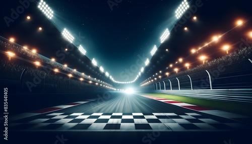 A brightly lit race track at night, featuring a well, marked starting line and illuminated by powerful lights, ready for an exciting race. photo