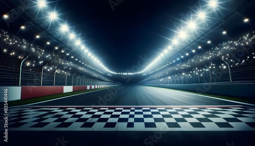 An empty race track with a clearly marked finish line, under bright stadium lights, creating a dramatic and anticipatory atmosphere.