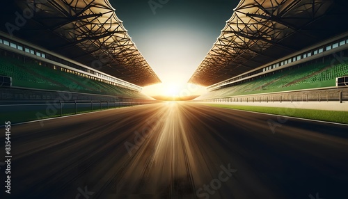 A race track at sunset with an empty grandstand, the sun setting behind the track, casting a warm glow and long shadows, evoking calm and anticipation.