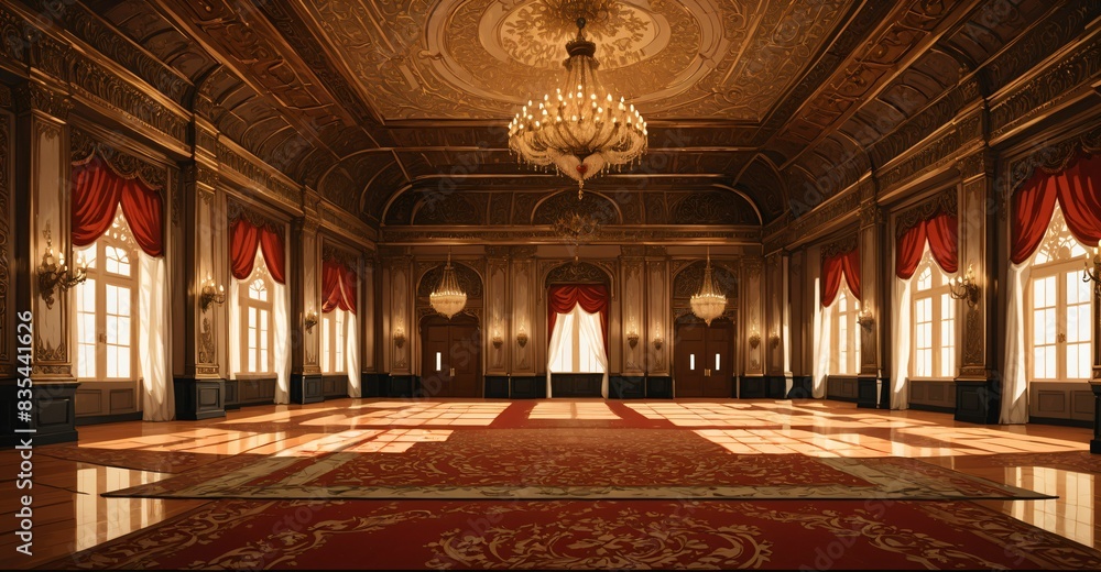 Obraz premium ballroom palace castle room interior. empty with light fixtures with chandelier and reflections in floor.