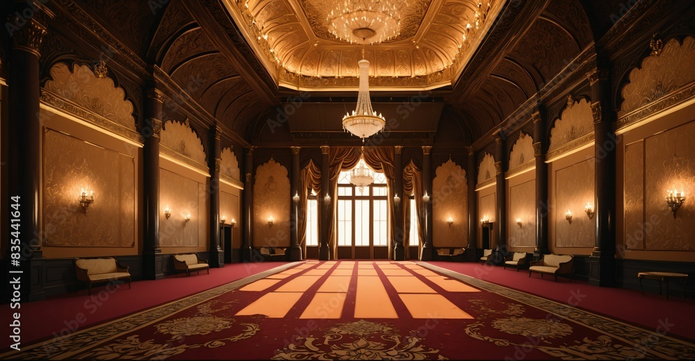 Obraz premium ballroom palace castle room interior. empty with light fixtures with chandelier and reflections in floor.
