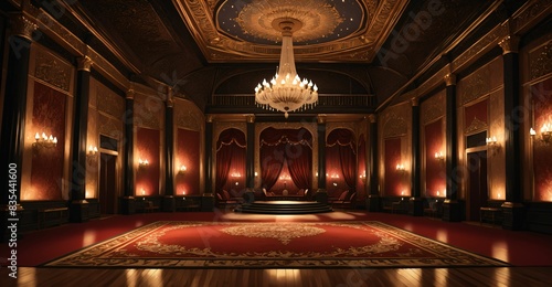 ballroom palace castle room interior. empty with light fixtures with chandelier and reflections in floor. 