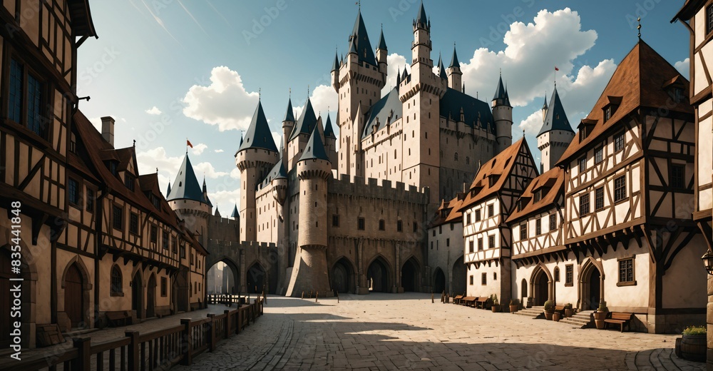 Naklejka premium medieval gothic castle palace in city town under clouds. old ancient cityscape. 