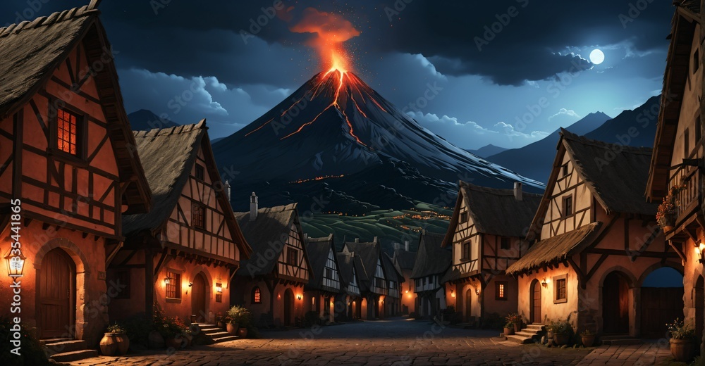 Obraz premium medieval fantasy village town by volcano mountains and clouds sky night. house home explosion with ash and smoke.