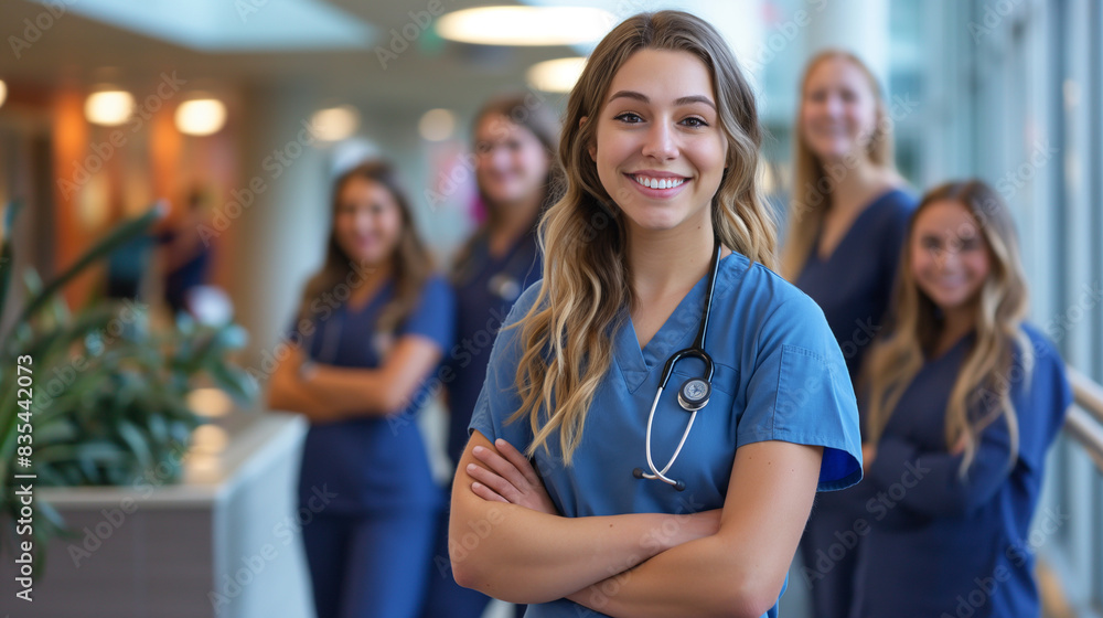A nursing student in scrubs, confidently standing with her supportive team in a modern hospital lobby, prepared for clinical rounds A nursing student in scrubs, confidently standing with her supportive team in a modern hospital lobby, prepared for clinical rounds