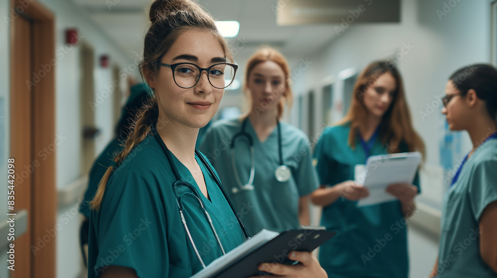 Nursing student with her team, all in scrubs, reviewing patient charts in a hospital hallway, ready to make a difference Nursing student with her team, all in scrubs, reviewing patient charts in a hospital hallway, ready to make a difference