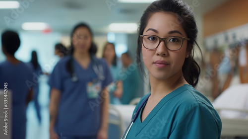 Free Download Nursing student leading her team in a hospital room, all dressed in scrubs, focused on providing excellent patient care - GFXLoad