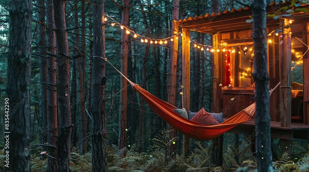 Relaxing hammock hanging outside a cozy wooden cabin nestled in the heart of the forest
Seamless looping 4k time-lapse virtual video animation background. Generated AI Relaxing hammock hanging outside a cozy wooden cabin nestled in the heart of the forest
Seamless looping 4k time-lapse virtual video animation background. Generated AI