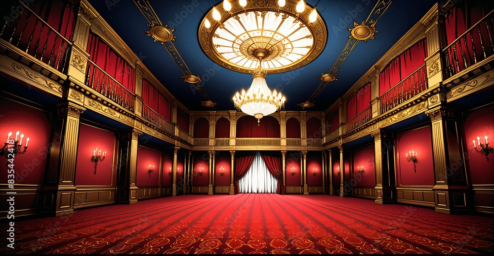 Obraz premium Palace Ballroom Theatre Hall. Abandoned amphitheater auditorium room. Royal dance hall in noble mansion interior. Wallpaper background.