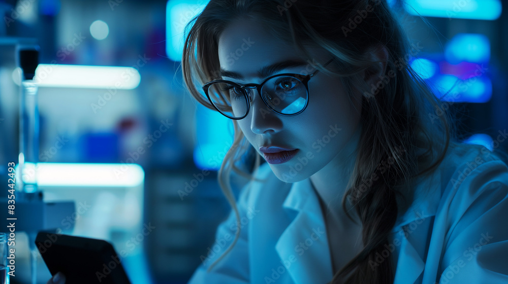 A stunning young Caucasian medical scientist in glasses, engrossed in data on her tablet, surrounded by state-of-the-art lab equipment, pioneering disease control research A stunning young Caucasian medical scientist in glasses, engrossed in data on her tablet, surrounded by state-of-the-art lab equipment, pioneering disease control research
