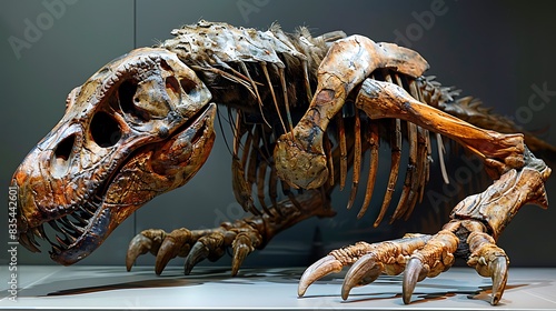 hyperrealistic fossil of a Therizinosaurus with its long claws and herbivorous teeth displayed in a museum exhibit