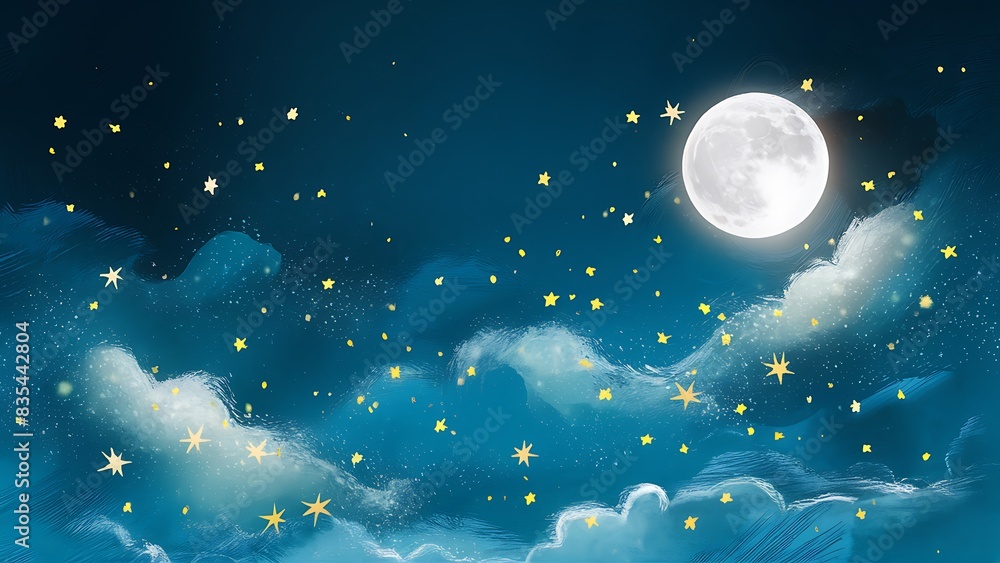 Serene Night Sky with Stars and Glowing Moon on Solid Blue Background Serene Night Sky with Stars and Glowing Moon on Solid Blue Background