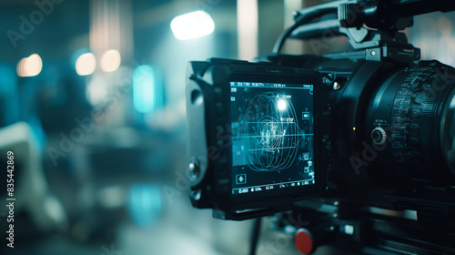 Focused on a bright digital screen, the viewfinder of a digital video camera exemplifies the high-tech camera equipment and sophisticated media concepts utilized on set photo