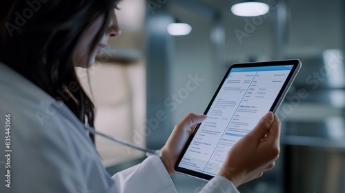 The digital medical record on an iPad, accessed by a female doctor, features a sophisticated user interface for liver disease treatment, showcasing the role of digital innovation i photo