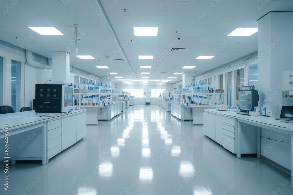 A spacious, clean lab with white surfaces, advanced equipment, and bright lighting for scientific research and experiments. A spacious, clean lab with white surfaces, advanced equipment, and bright lighting for scientific research and experiments.