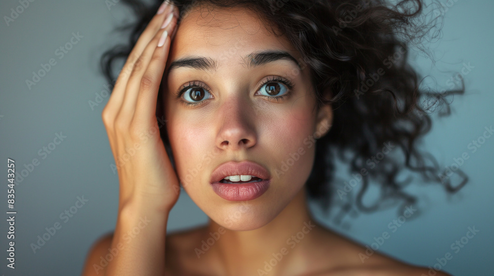 The thrill and astonishment are evident on a young, stunning mixed-race woman's face as she stands with her hand on her forehead against a grey background. Thrilled Hispanic woman The thrill and astonishment are evident on a young, stunning mixed-race woman's face as she stands with her hand on her forehead against a grey background. Thrilled Hispanic woman