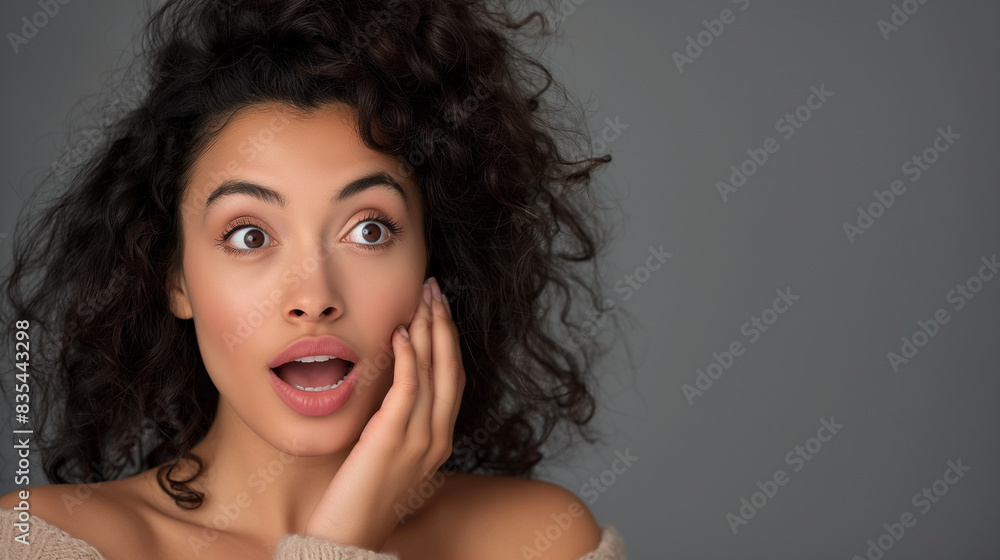 The surprised reaction of a young, stunning mixed-race woman is captured as she stands with her hand on her cheek against a grey background. Thrilled Hispanic woman The surprised reaction of a young, stunning mixed-race woman is captured as she stands with her hand on her cheek against a grey background. Thrilled Hispanic woman