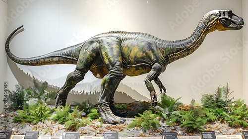 hyperrealistic fossil of an Apatosaurus with its long neck and tail displayed in a museum