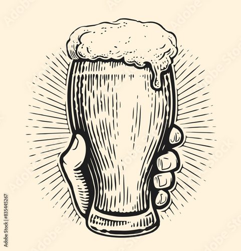 Male hand holding glass of lager foamy beer. Alcoholic drink. Clipart drawing in engraving style for restaurant or pub menu