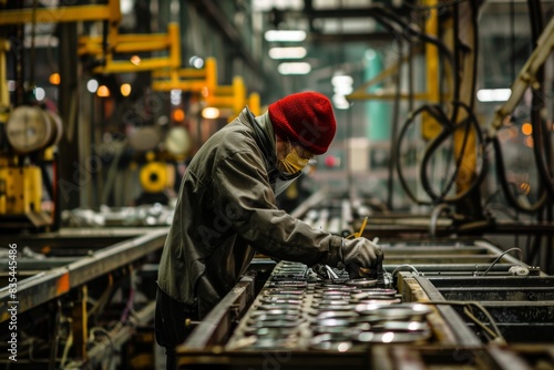 A worker in a red beanie and protective mask operates machinery in an industrial factory, highlighting a busy, industrial atmosphere in warm and dark tones.