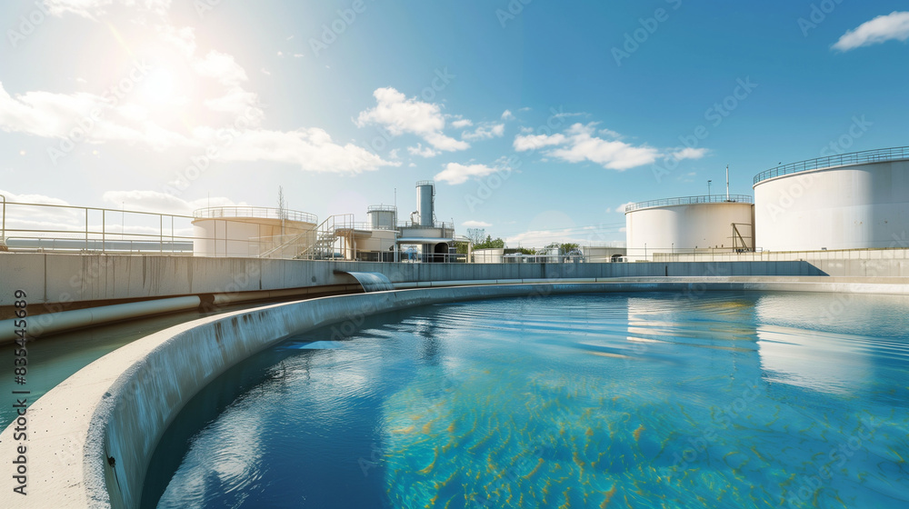 Industrial water treatment plant with large storage tanks and clear blue water under a bright sunny sky.