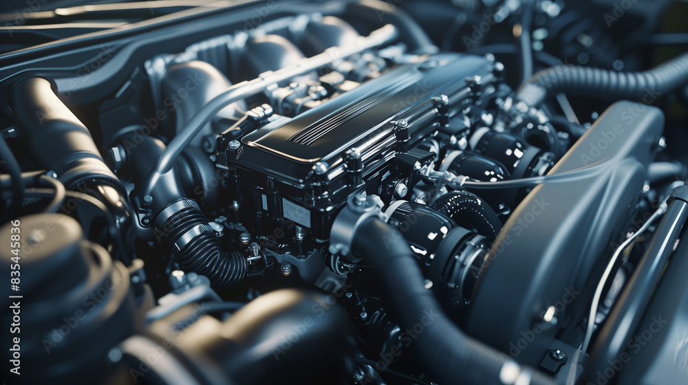 Fototapeta premium A modern car engine, showing the complex components and elegant design.