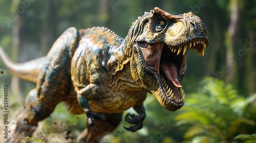 male Tyrannosaurus rex roaring fiercely in a prehistoric jungle