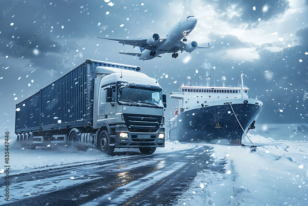 Cargo transportation by airplane, truck, and ship, symbolizing global logistics Cargo transportation by airplane, truck, and ship, symbolizing global logistics