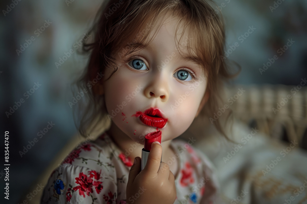 Little girl making make up with red mother lipstick. Childhood curiosity, children's mischief Little girl making make up with red mother lipstick. Childhood curiosity, children's mischief
