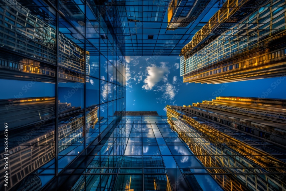 Fototapeta premium Looking up between skyscrapers with reflective glass and blue sky.