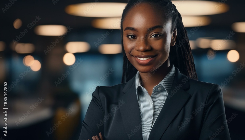 Portrait of African-American woman in business suit; office background; executive, lawyer, CEO, founder, manager, director, analyst, president, chairperson, administrator Portrait of African-American woman in business suit; office background; executive, lawyer, CEO, founder, manager, director, analyst, president, chairperson, administrator