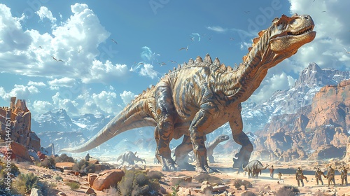 Miragaia standing tall in a rocky desert with a clear blue sky above and other dinosaurs nearby