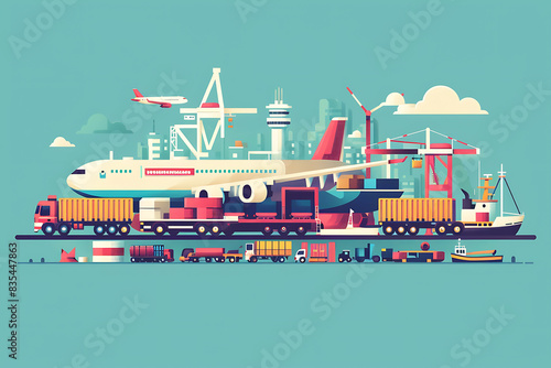 Cargo transportation by airplane, truck, and ship, symbolizing global logistics , delivery concept 