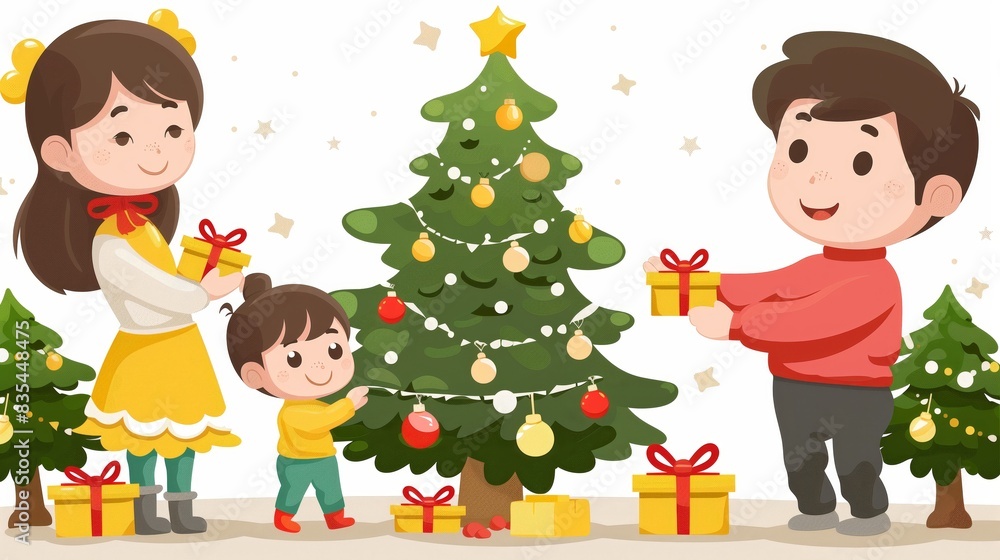 Fototapeta premium Festive Christmas celebration with decorated tree and gifts. An illustration of family enjoying holiday festivities around a beautifully decorated Christmas tree with colorful ornaments and gifts