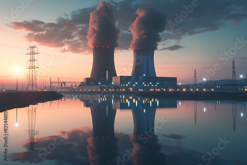 A nuclear power plant with towering cooling towers emitting steam, set against a clear blue sky, symbolizes advanced technology and energy production while highlighting environmental considerations an