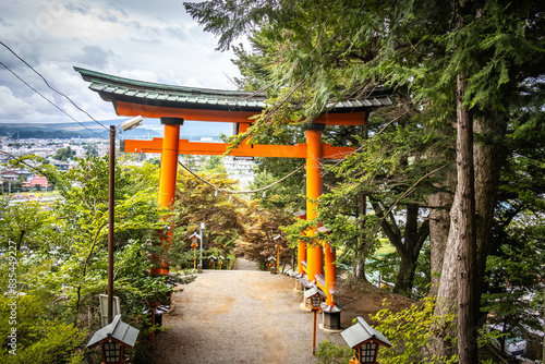 Arakura Fuji Sengen Shrine, red torii, vermilion, mount fuji, chureito pagoda, japan photo