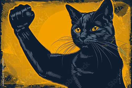 A strong cat raises its paw and flexes its biceps on a yellow background. Animal rights support. International Cat Day