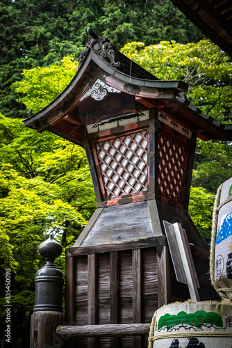 Kitaguchi Hongu Fuji Sengen Shrine, wooden lantern, mount fuji, shinto shrine, forest shrine, fujisan, japan photo