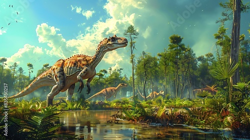 pack of young Deinonychus hunting together in tall grass and ferns with other dinosaurs nearby