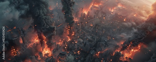 Aerial view of a city engulfed in flames.