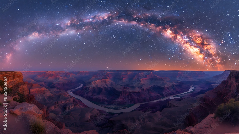 panoramic photograph of the Milky Way over the Grand Canyon on Earth with the Colorado River winding through the canyon below panoramic photograph of the Milky Way over the Grand Canyon on Earth with the Colorado River winding through the canyon below