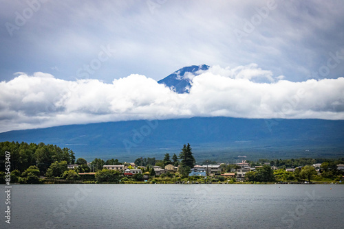 kawaguchiko with mount fuji in background, fujisan, fuji covered in clouds, kawaguchi lake, fuji 5 lakes area, japan photo