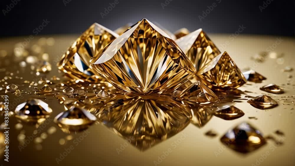 several gemstones, diamonds, placed on liquid golden surface with vibrant lighting . several gemstones, diamonds, placed on liquid golden surface with vibrant lighting .