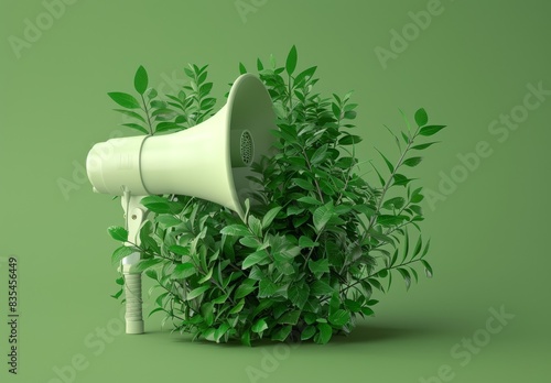 A 3D-rendered megaphone enveloped in plants set against a green backdrop. photo