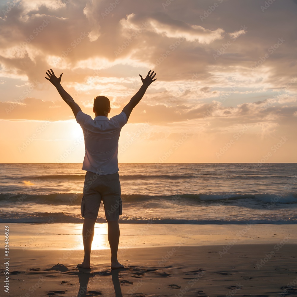 Fototapeta premium Happy man raising arms up enjoying sunset on the beach - Delightful traveler standing with hands up looking morning sunrise - Self care, traveling, wellness and healthy life style concept