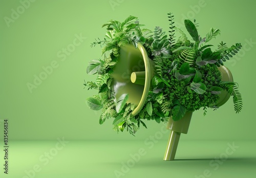 A 3D-rendered megaphone enveloped in plants set against a green backdrop. photo