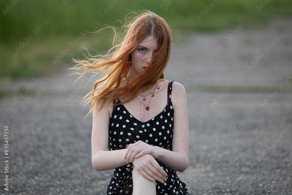Naklejka premium Portrait of a red-haired girl with freckles on her face