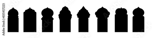 Islamic arch shape with intricate Ramadan pattern. Arab inspired frame design for mosque doors and windows. Flat vector illustration isolated on white background.