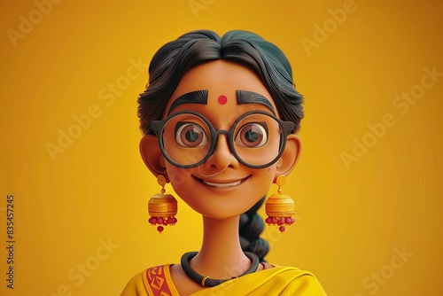cheerful indian cartoon woman portrait with vibrant yellow dress in 3d style on light background